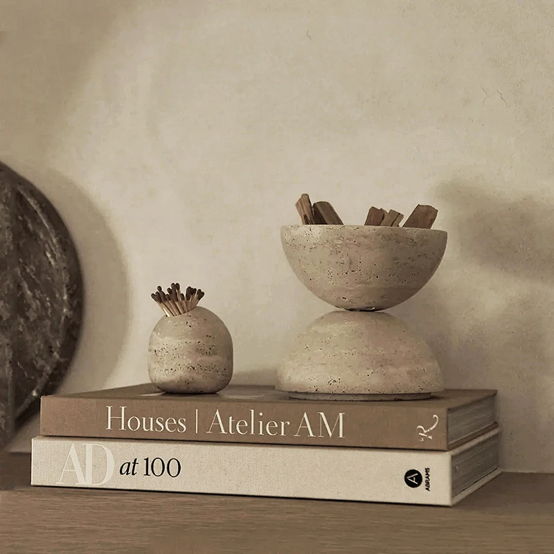 

Cute Beige Matches Jar Matchstick Holder Decorative Travertine Toothpick Holder Home Decor