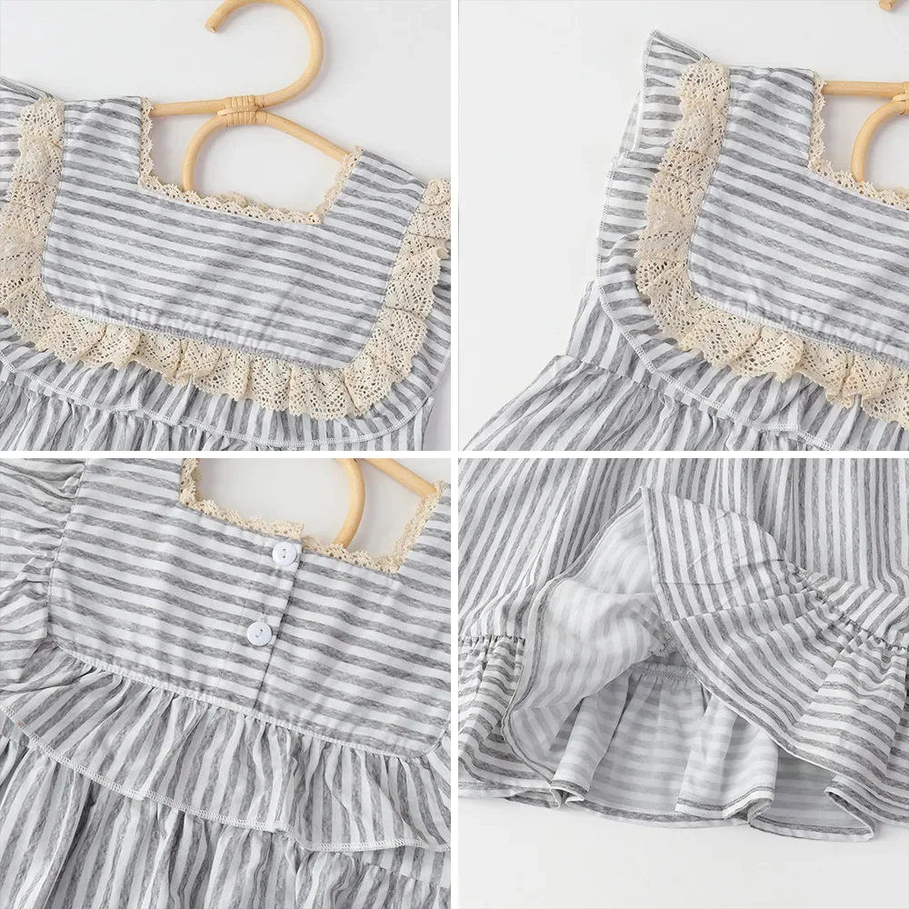 Bear Leader Kids Lace Casual Dresses Summer Grey Striped Girls Dress Square Neckline Sleeveless Daily Wear Clothing Kids Clothes