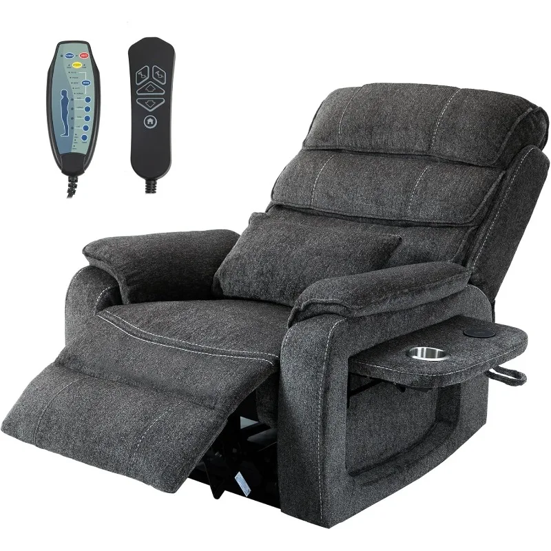 

Power Lift Recliner Chair for Adults Elderly Grey Chenille Lay Flat Recliners with Massage Heat, Extended Footrest