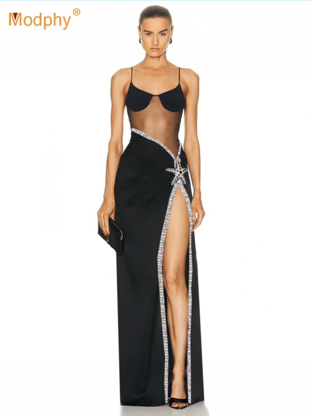 Ladies Star Beaded Crystal Decoration Spaghetti Strap Sexy Mesh Backless Design Celebrity Party High Slit Long Bandage Dress