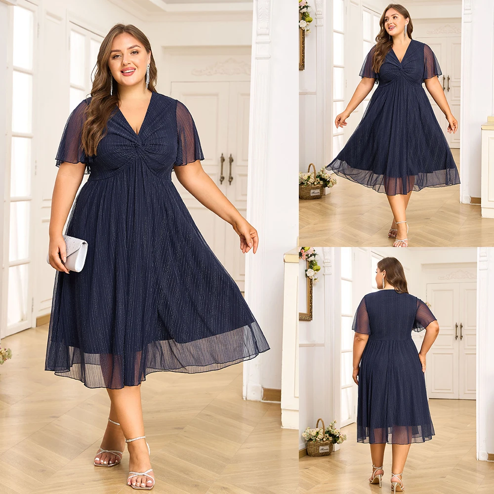 Plus Size Women's V-Neck Solid Dresses Elegant Evening Party Dress Prom Female Large Size Bridesmaid Dresses 2XL 3XL 4XL 5XL 6XL