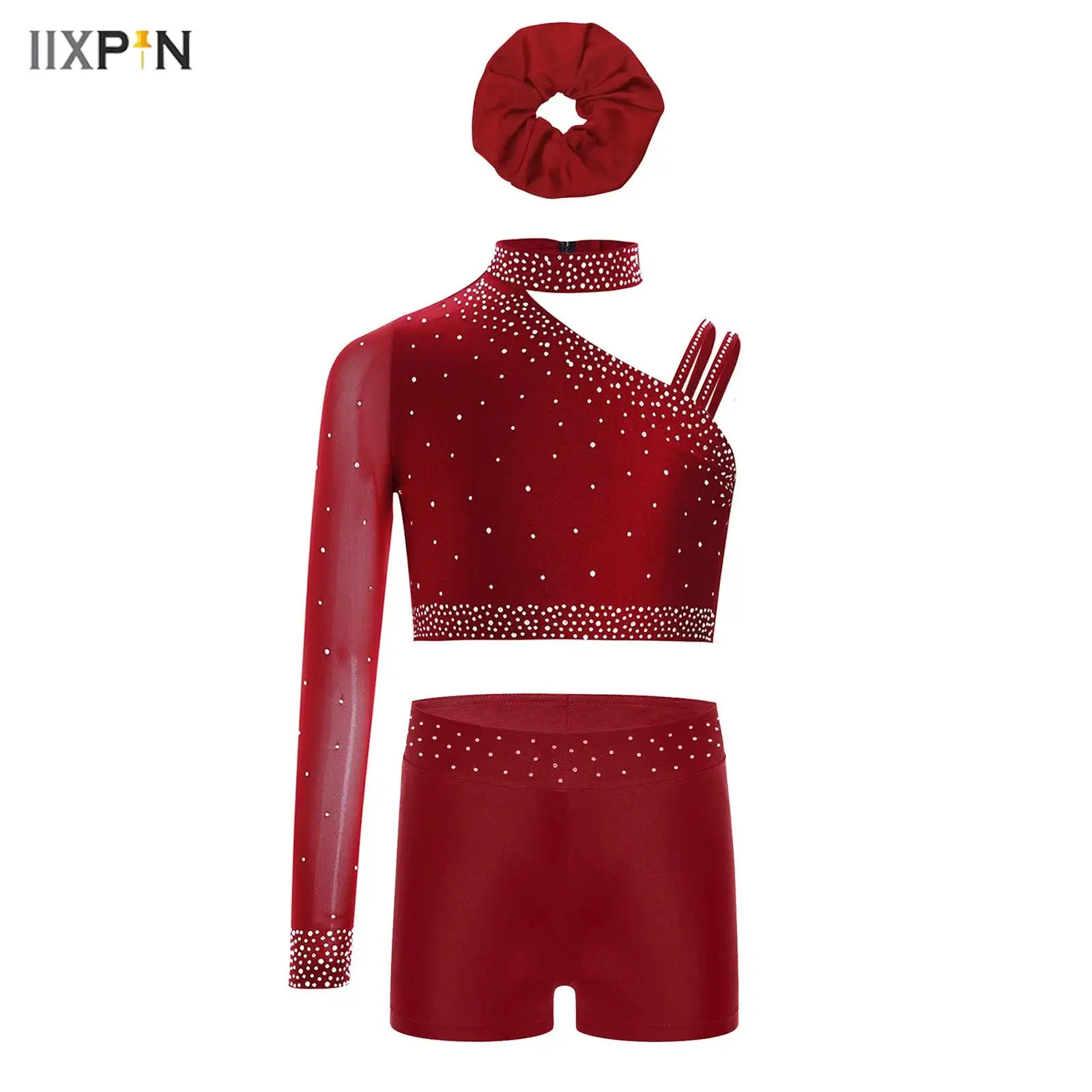 

3Pcs/Set Kids Girls Dance Outfit One Shoulder Rhinestones Crop Top+Shorts+Hairband for Figure Skating Gymnastics Performance