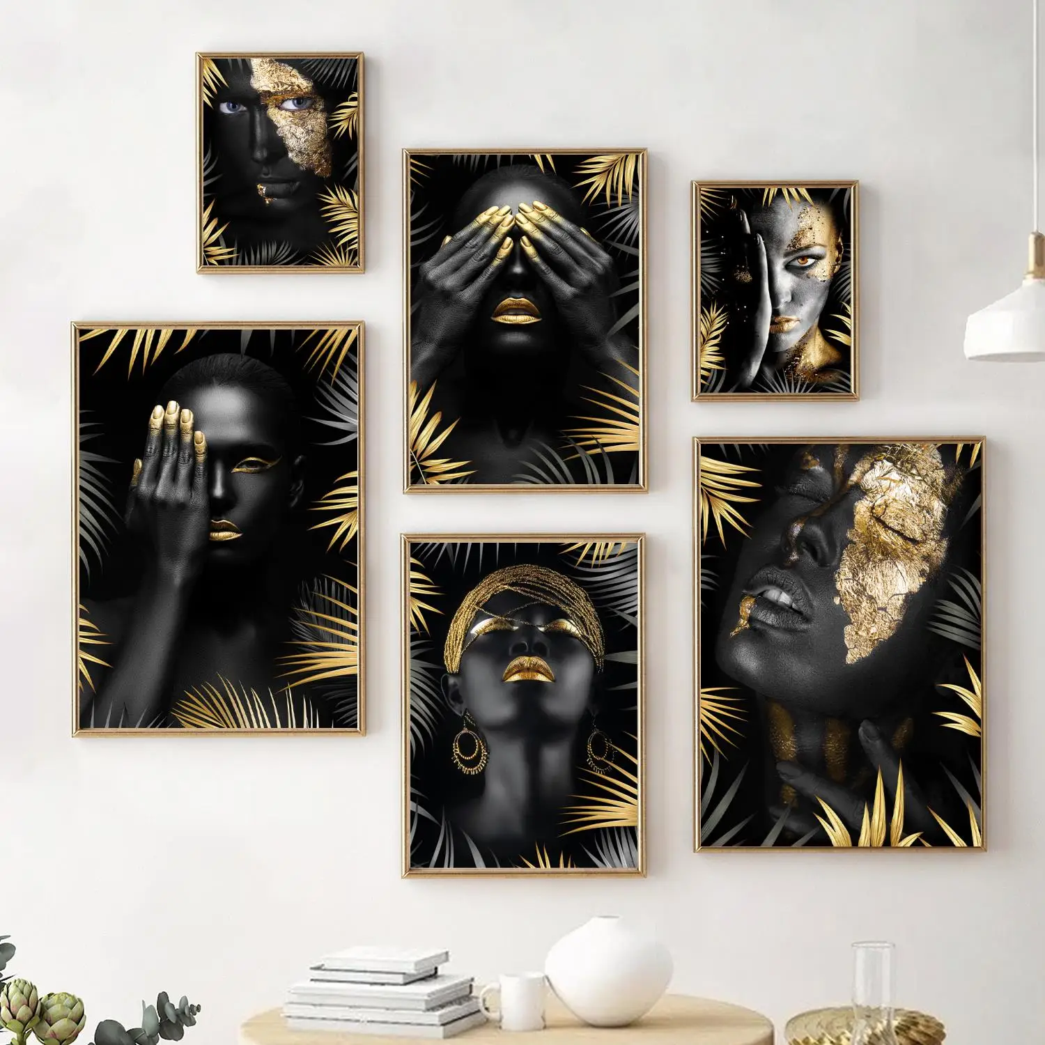 African Make Up Women With Black Gold Leaves Painting Modern Figure Wall Art Canvas Poster Print Pic for Living Room Home Decor