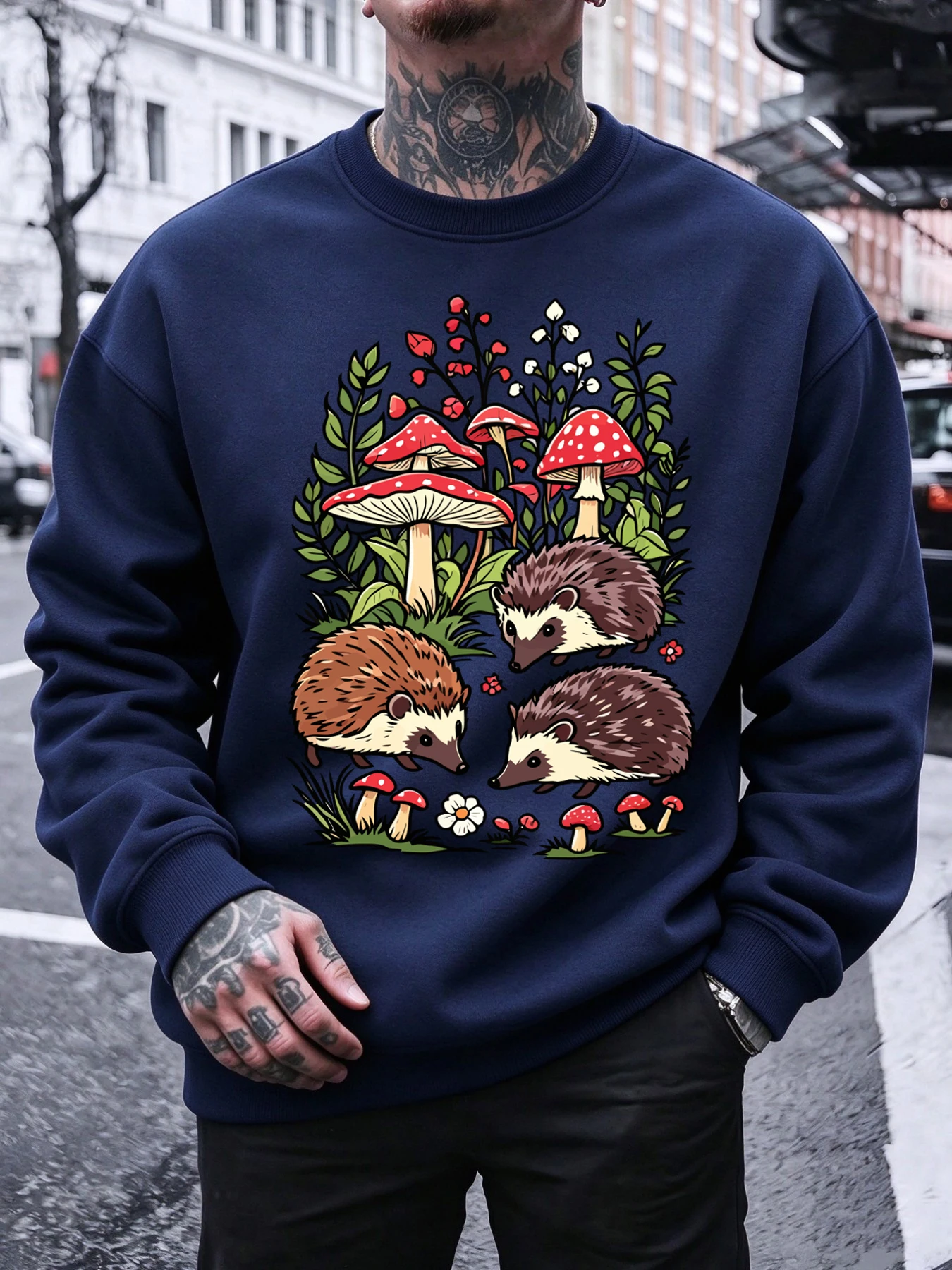 Forest Hedgehog Mushroom Whimsical Pattern Sweatshirt Men'S Casual Fleece Sportswear Loose Crewneck Pullovers Autumn Clothes