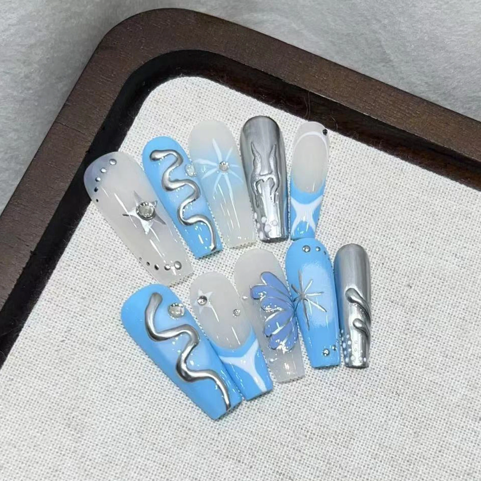 10개 롱 T자형 블루 버터플라이 프레스온 네일 오션 스타일 3D 프렌치 팁 인조 손톱 여성용 DIY 네일 아트 키트