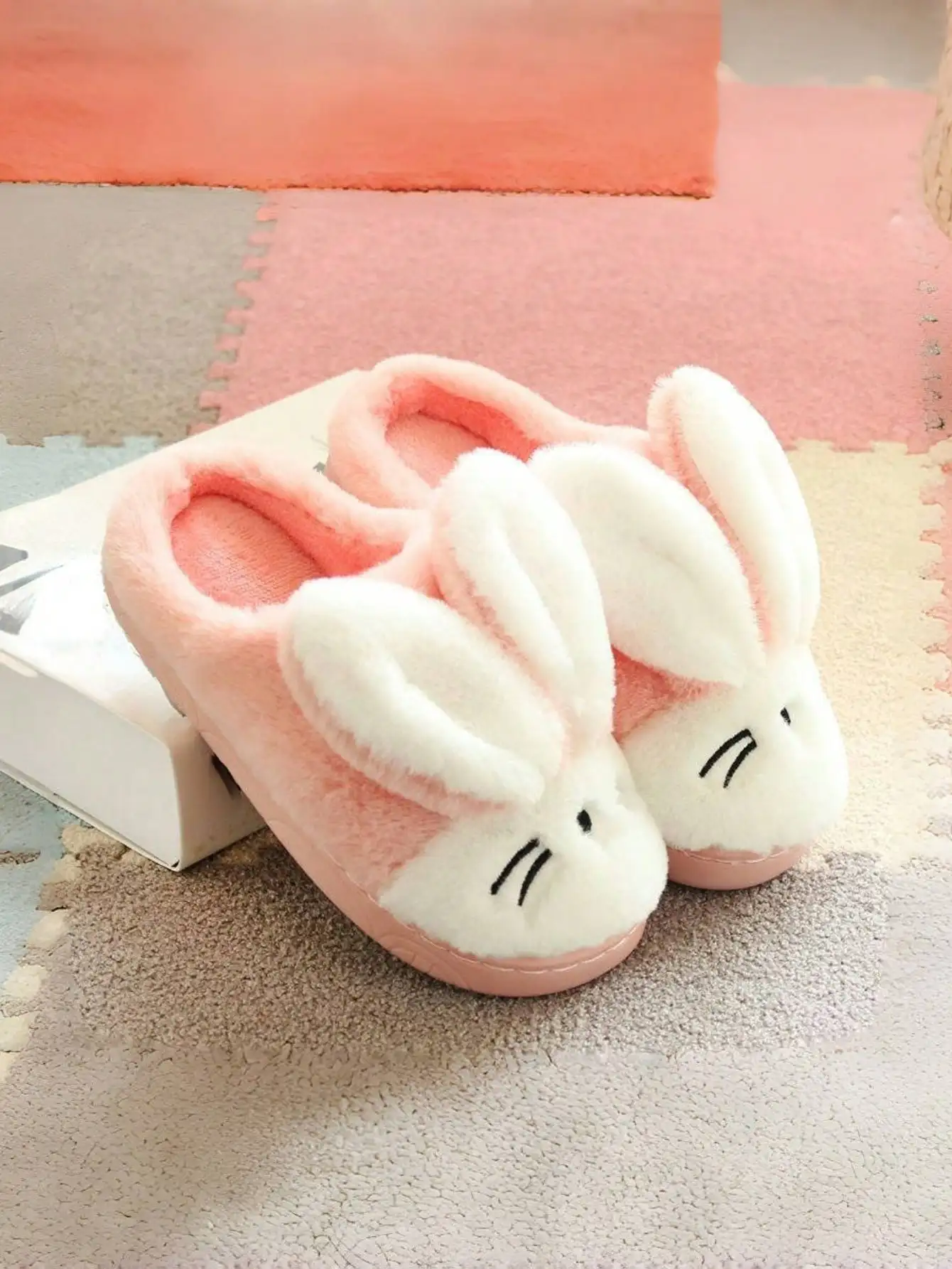 Warm cotton slippers with cute furry ears design for children, suitable for indoor use during autumn and winter