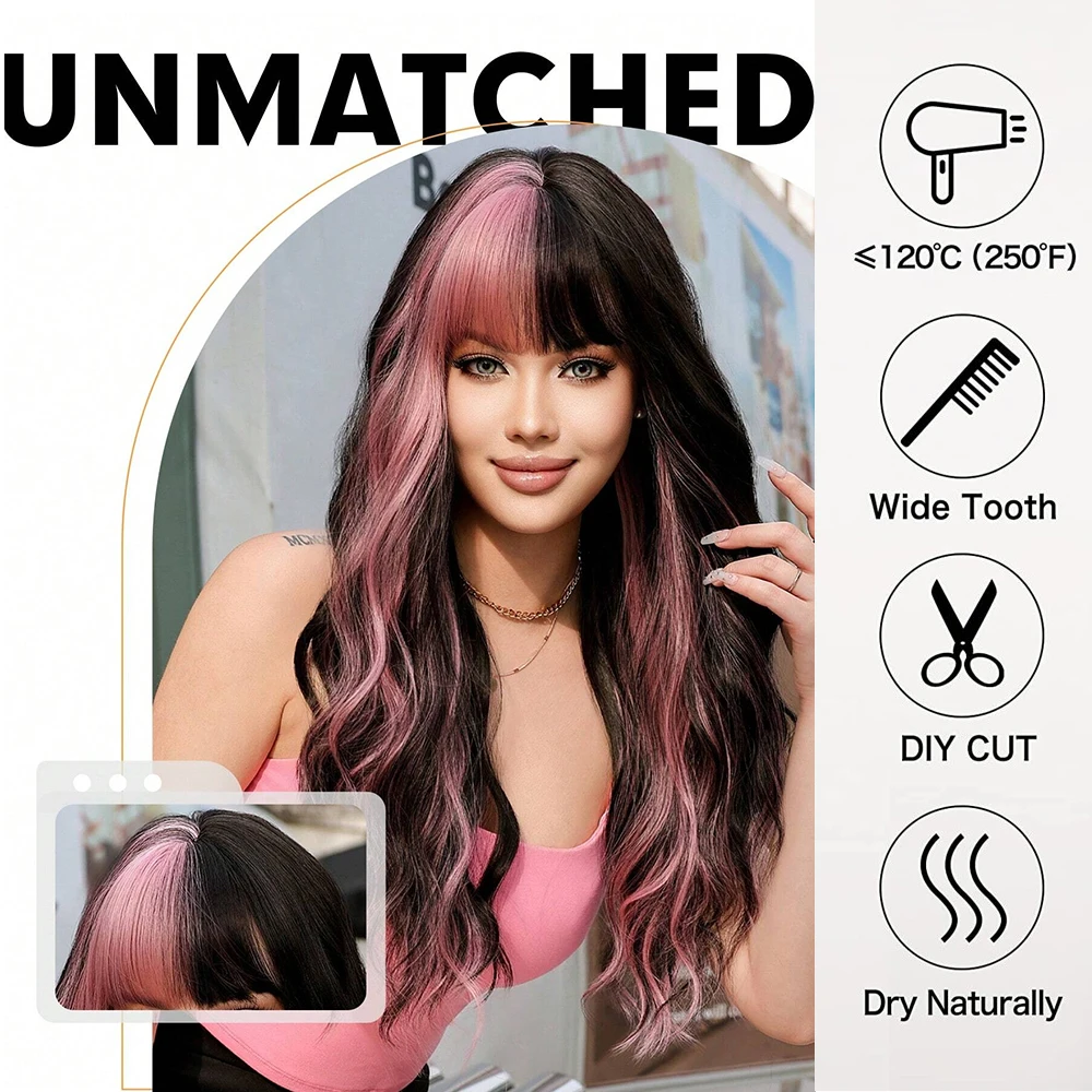 Pink and Black Long Curly Wavy Synthetic Wigs with Bangs Cosplay Christmas Halloween Hair Two Tone Wig for Women Heat Resistant