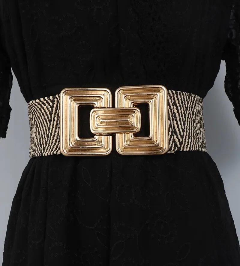 Women's Fashion Gold Buckle Elastic Corset Female Cummerbund Coat Waistband Dress Decration Wide Belt J034