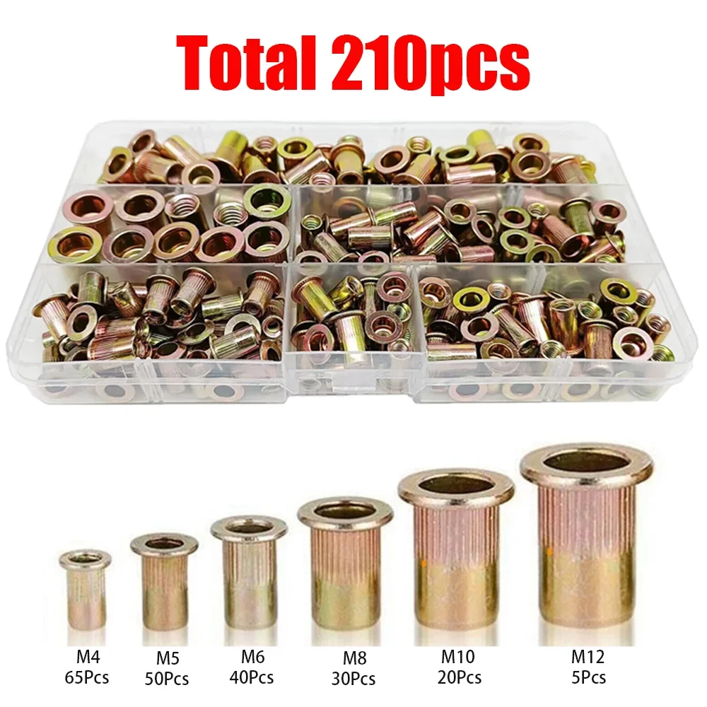 

210pcs M4 M5 M6 M8 M10 M12 Zinc Plated Carbon Steel Blind Flat Head Threaded Rivet Nut Rivet Insert Nutsert Knurled Nuts Kits