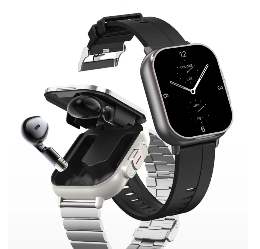 Bluetooth Call 2-In-1 Bluetooth Earphones Full Screen Smart Watch Stainless Steel Strap Heart Rate Monitoring Waterproof Watch