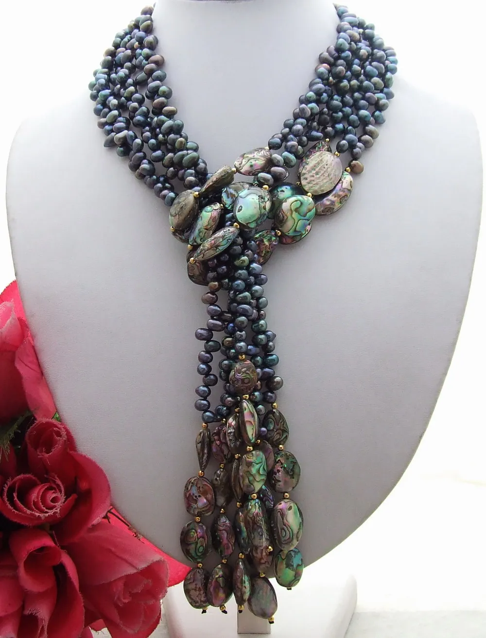 3 Strands Freshwater Cultured Black Pearl Abalone Shell Loop Long Sweater Necklace 50inch