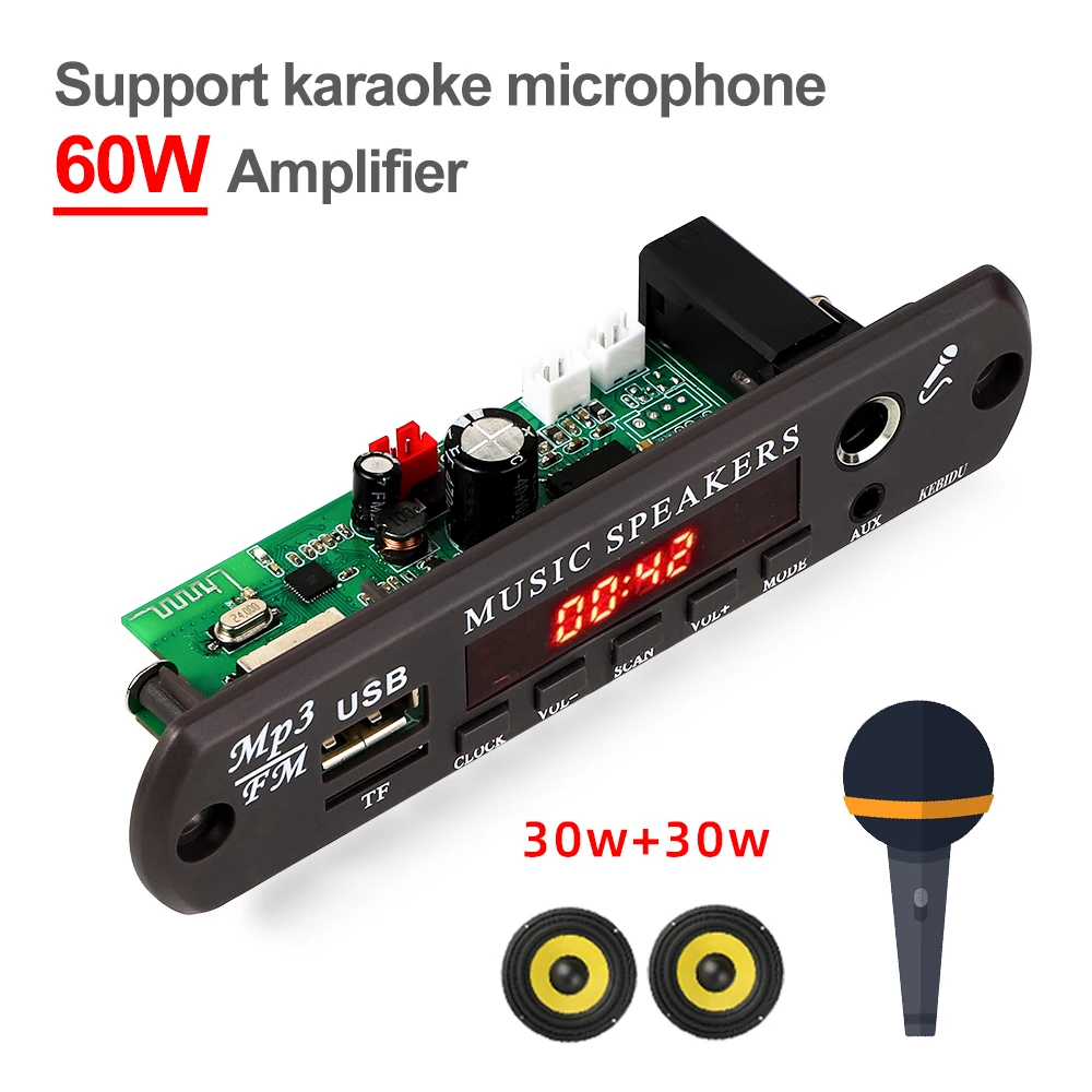 60W amplifikatör Diy araba radyo modülü 12V Bluetooth 5.3 MP3 dekoder kurulu dijital saat 6.5mm Mic Jack USB TF AUX destek Karaoke