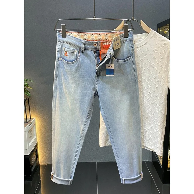 New MEN'S light luxury jeans high-end fashion brand business slim fit straight leg elastic casual blue versatile denim pants