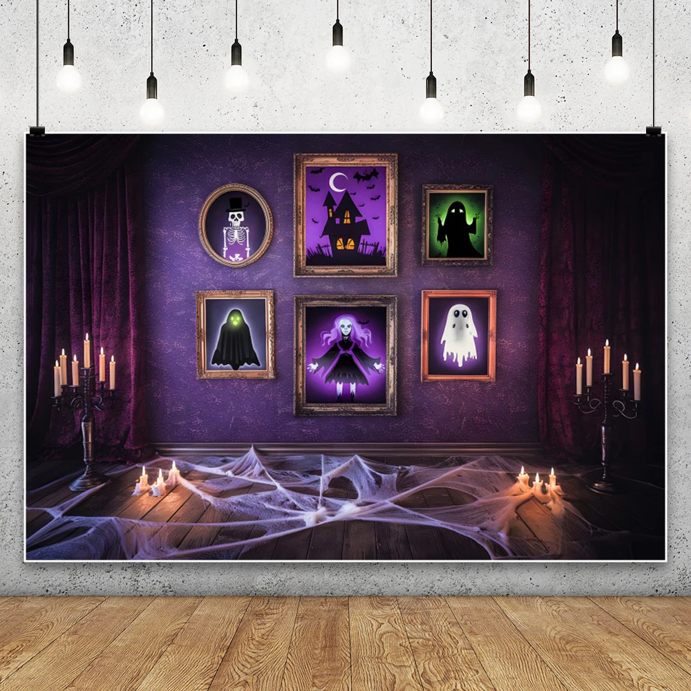 Halloween Party Background Purple House Scary Decorative Painting Sofa Spider Web Trick or Treat Kids Photography Background Pro