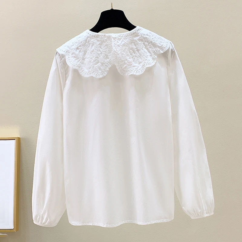 Korean Sweet White Blouse Women Spring Autumn Elegant Peter pan Collar Long Sleeve Embroidery Tops Shirts Blusas Mujer