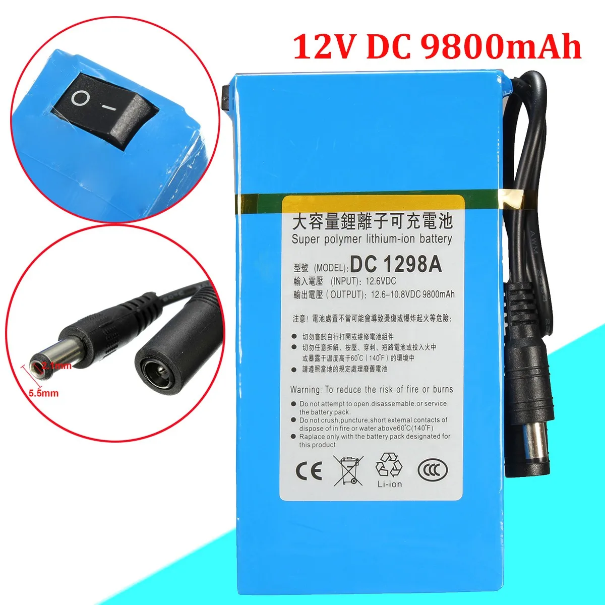 Original NEW Portable Super 12V 9800mAh Battery Rechargeable Lithium Ion Battery Pack Capacity DC 12.6v 30Ah CCTV Cam Monitor