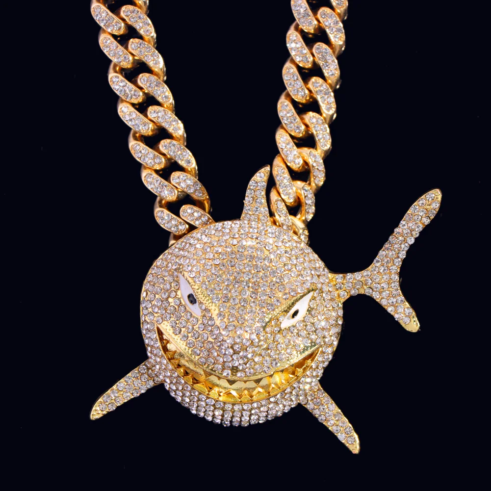 HipHop Iced Out Chains Shark Pendant Cuban Link Necklace for Men Women CZ Tennis Chain Stainless steel Rope Chain Choker Jewelry