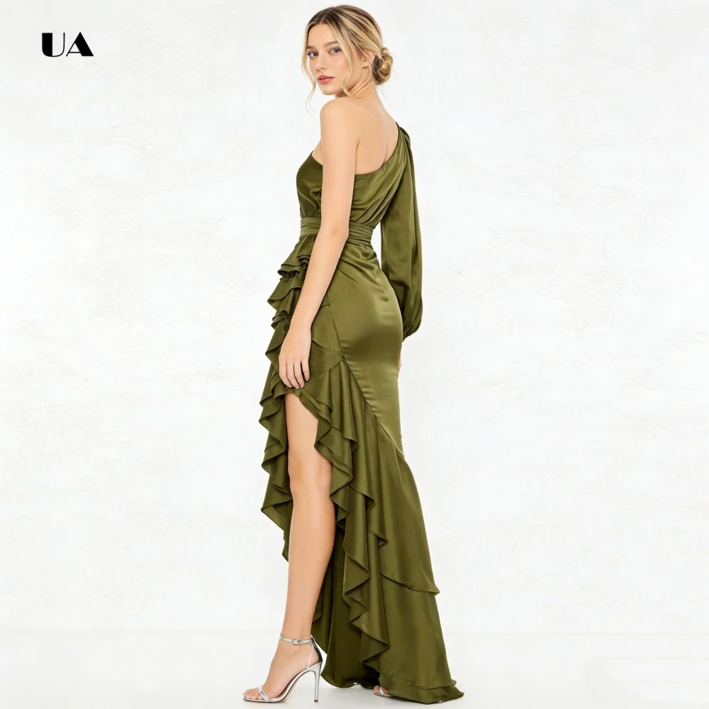 فستان حفلة موسيقية مكشكش غير متماثل مع كتف واحد، فستان سهرة ثنيات من الساتان الصلب، فستان حفلة مخصص