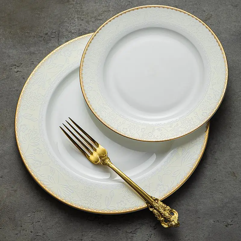 Creative Gold-plated Floral Bone China Western Dinner Plate Vintage Cutlery Luxury Flat Plate Ceramic Tableware Kitchen Utensils