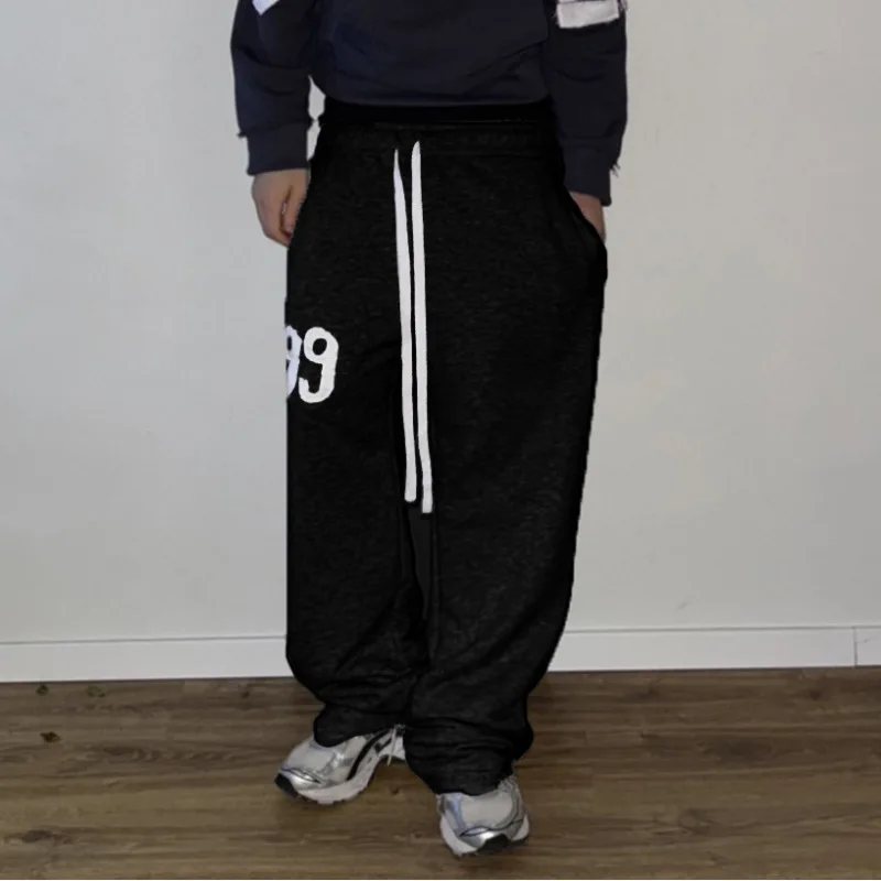 American retro high street college style 999 digital print black double waisted sports loose shorts long pants