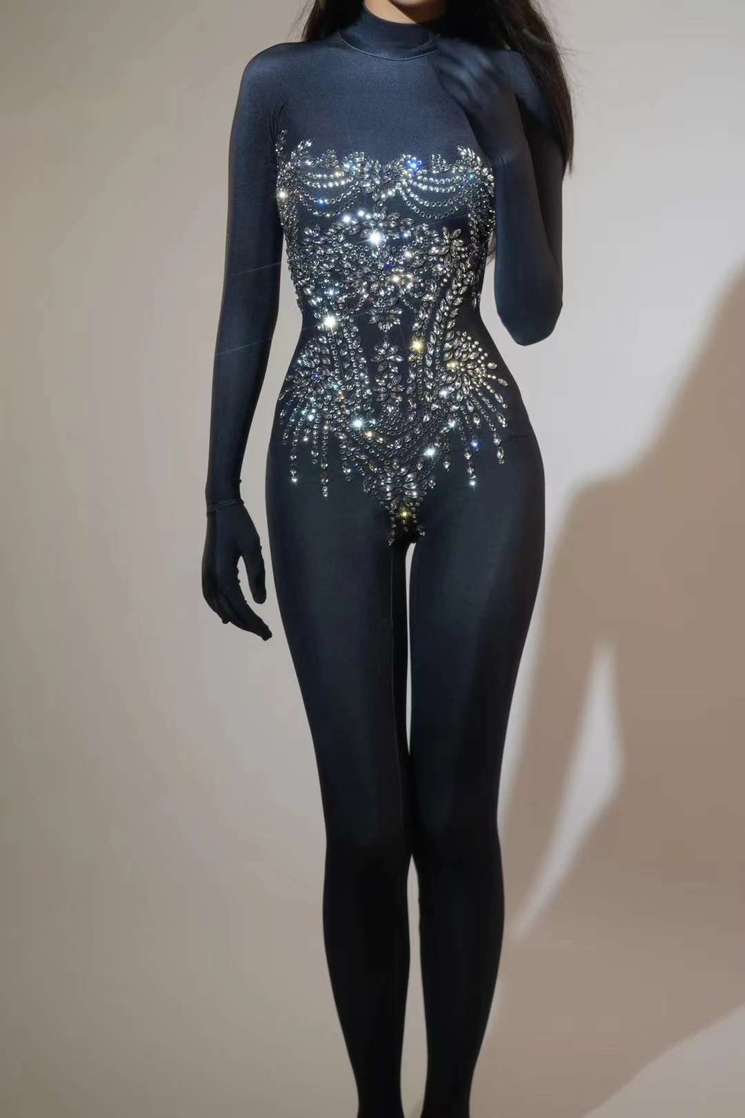 Mono brillante con diamantes de imitación para mujer, traje de fiesta de graduación y club nocturno de manga larga, traje de baile de actuación, ropa de escenario 7G