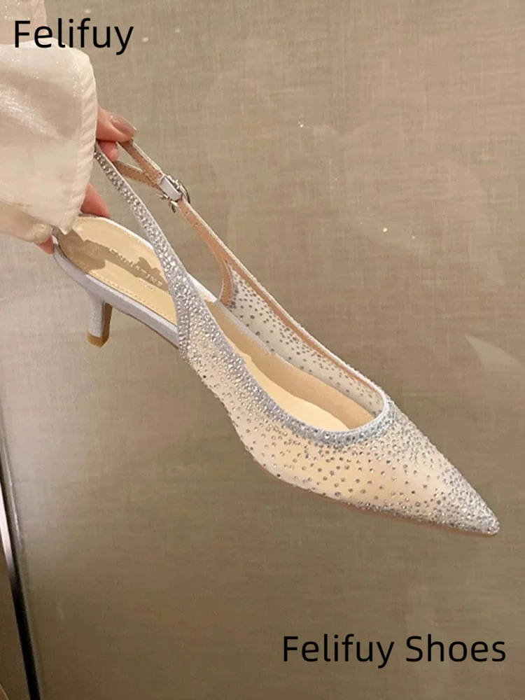 2025 Estate Nuovi Sandali da donna Acqua Diamante Maglia brillante Tacchi alti Calzature Elegante Slingback Fibbia a punta Scarpe da donna da festa