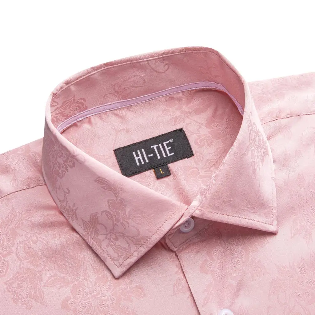 Hi-Tie Salmon Pink Lilac Silk Satin Mens Shirts Lapel Collar Solid Long Sleeve Dress Shirt Soft Blouse for Male Wedding Business