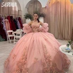 Pink 3D Floral Appliques 2025 Quinceanera Dress Shiny Ball Gown 15 16 Birthday Sweetheart Neck Customized Prom Vestidos De Novia