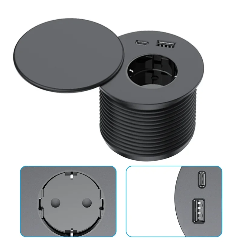 German Round Power Consumption Table, Dustproof Embedded com Cover, USB-C Charging Station, Easy Installation, Office e Hotel, 18W