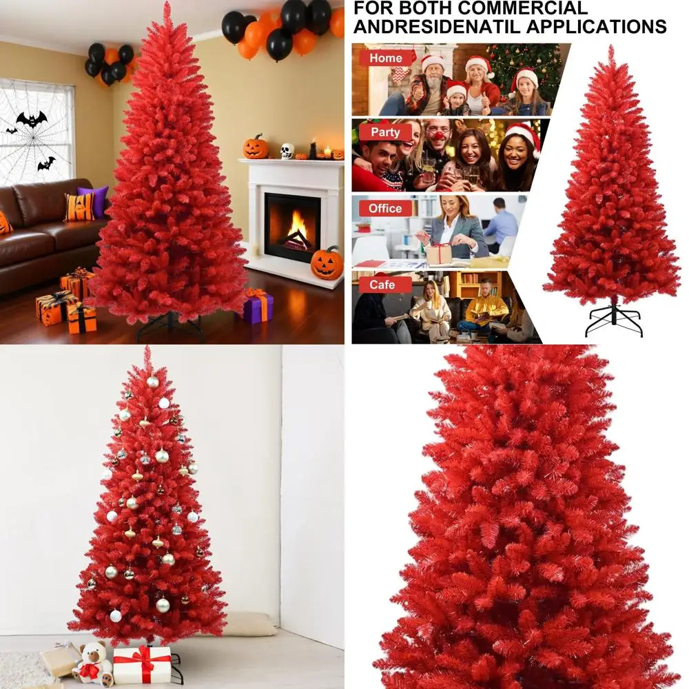 

5ft Premium Hinged Spruce Artificial Red Christmas Tree for Home, Office, and Party with 624 Branch Tips and Metal Stand