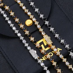 NUOYA 6mm Sparkling Diamond Tennis Chain Necklace Spring Lock Clasp Round Zircon Star Design Iced Out Chain Hip Hop Jewelry