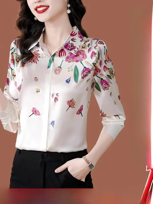 

Long Sve Silk irt for Women Ele Floral Pattern Button Closure Regular Fit Chinese Brand High End Faion