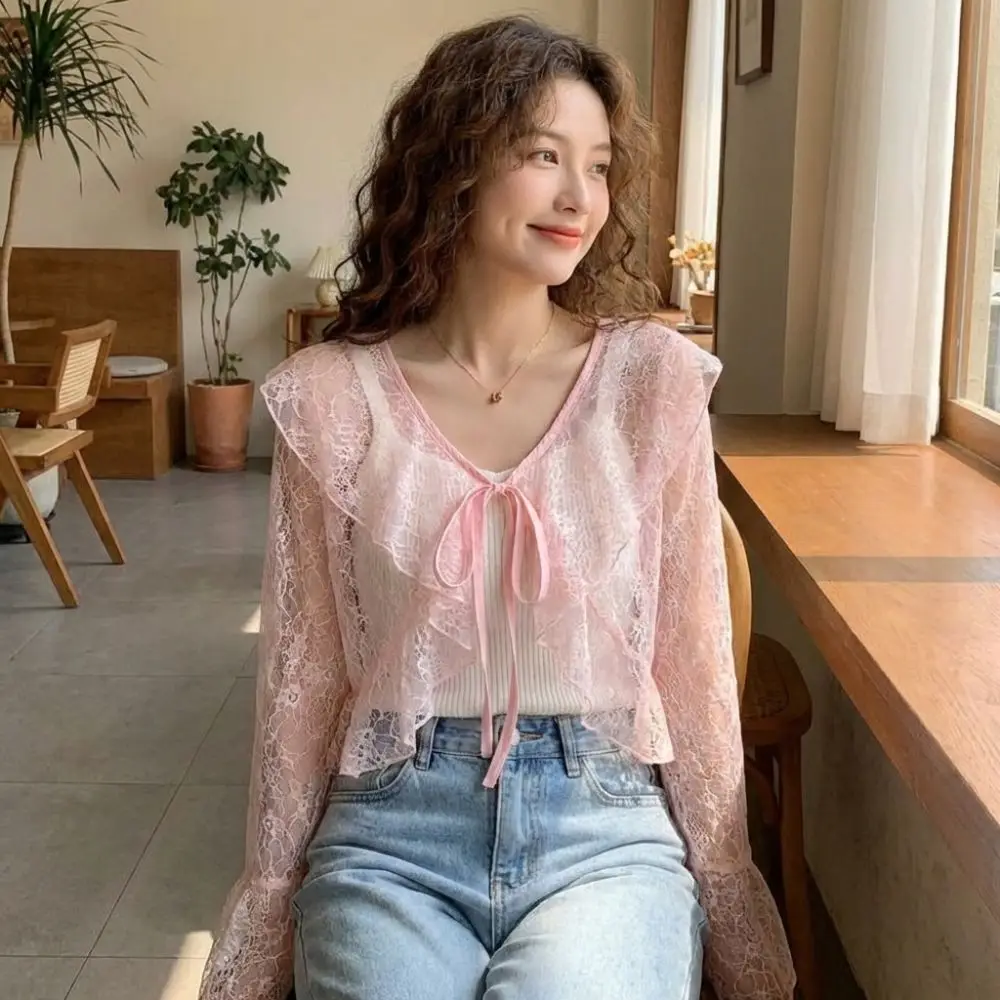 V-Neck Lace Cardigan Flared Sleeve Ruffle Edge Sun Protection Cardigan Hollow Out Lightweight Sun-proof Shirt Women Clothing