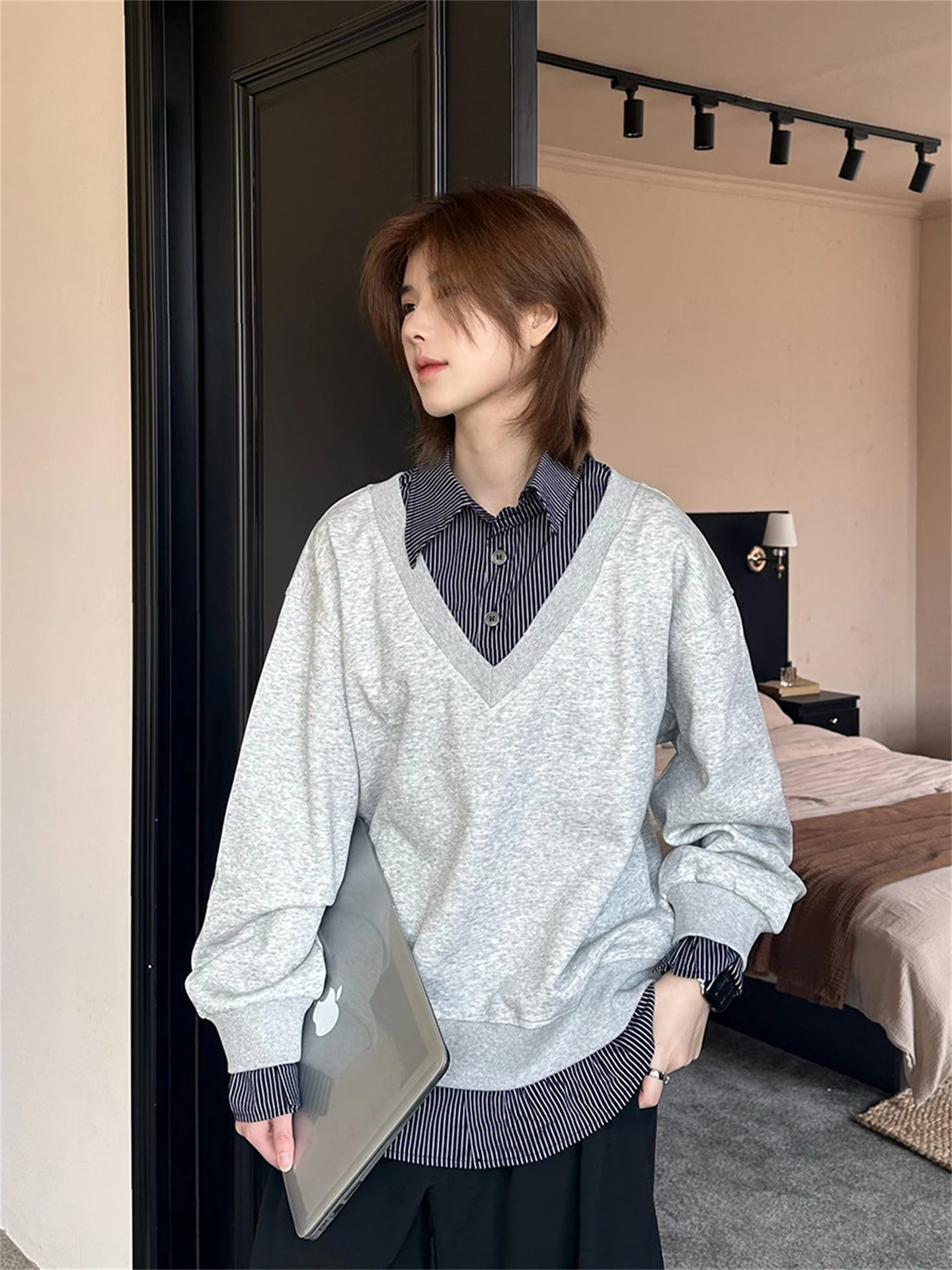 American Style Grey Heavyweight Hoodie Men's Trendy Loose Casual  Shirt Upper Apparel Fake Two-Piece Long Sleeve Autumn