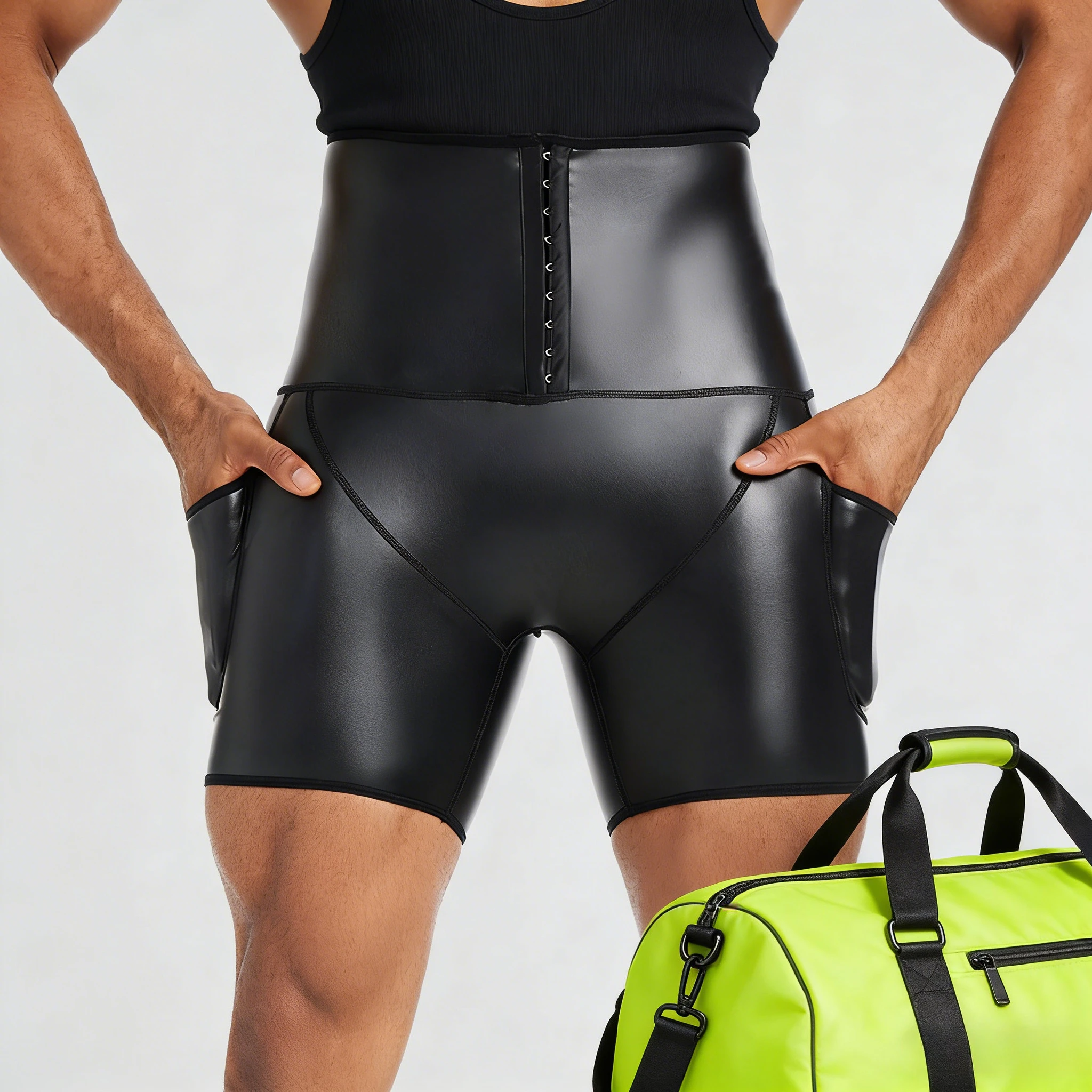 

Мужские утягивающие брюки с высокой талией, корректирующие фигуру, с эффектом подтяжки ягодиц, кожаные, на пуговицах, для фитнеса, с карманами