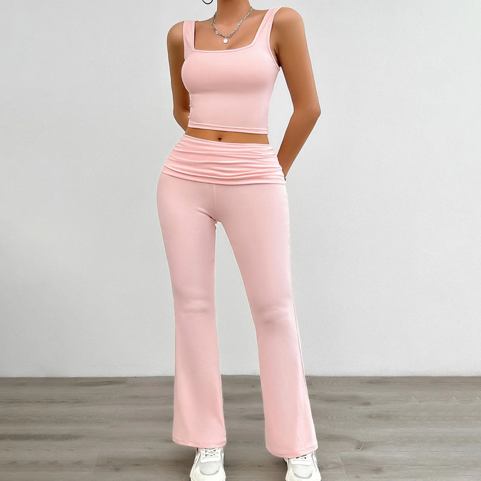 

Women Slim Fit Sport Two Piece Sets Solid Color Sleeveless Vest Casual Bell Bottom 2024 Fashion New Spring Summer Tracksuits