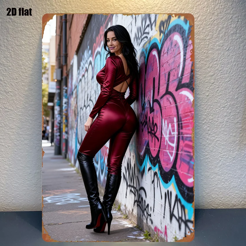 Vintage Metal Sign - 8x12 Inch Red Graffiti Street Art, Woman in Heels, Retro Wall Plaque
