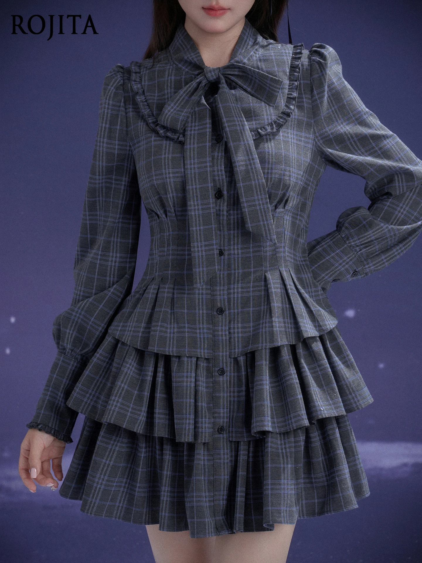 

Gray Blue Checkered Cake Dress Women Vintage Puff Long Sleeve Waist Cinching Big Bow Lolita Dress Autumn New