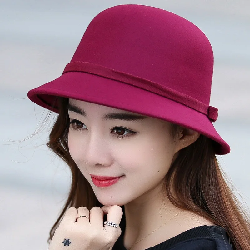 Autumn Winter Women Felt Fedoras Hat Vintage Bowknot Ladies Hat Dome Felt Wedding Church Jazz Cap Female Bow Bowler