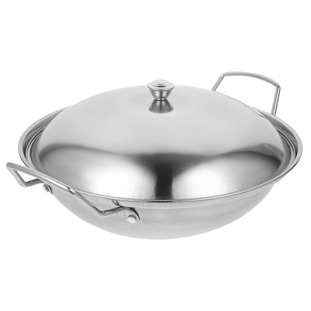 

Stainless Pot Stove with Lid Wear Resistant Fry Pan No Cover Steel Wok Multi-function Cooking Cookware Silver for Daily Use