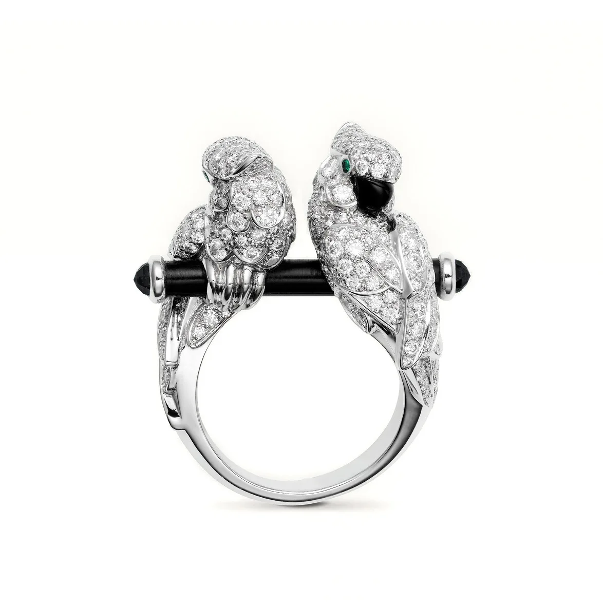 

High carbon diamond enamel parrot two-headed love bird cocktail dinner ring Paris custom fine jewelry