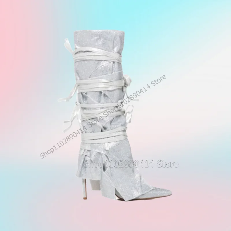 

Silver Giltter Turned Over Strappy Pointed Toe Boots Slip On Women Shoes Thin High Heels Novel Fashion 2023 Zapatos Para Mujere