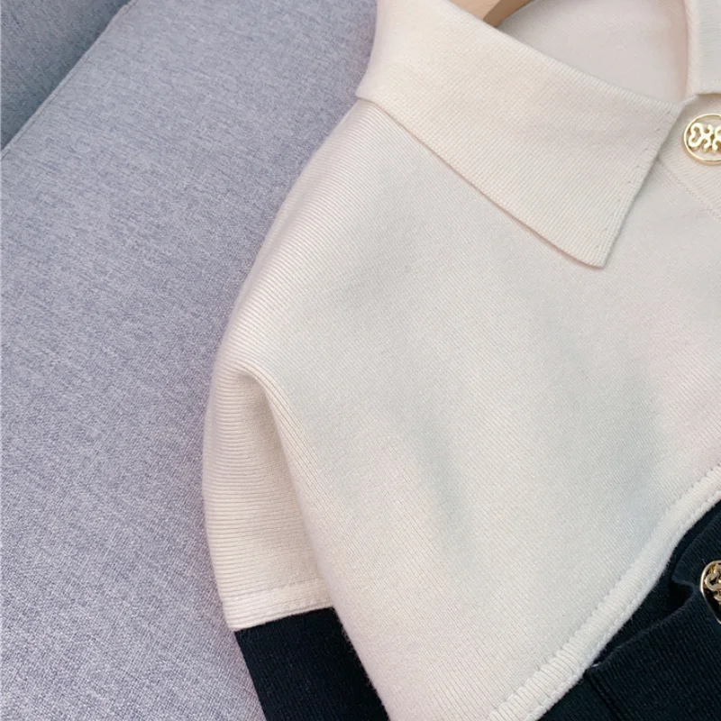 Classic encore ~ Stylish black and white color contrast patchwork lapel long sleeve casual sweater jacket for women loose