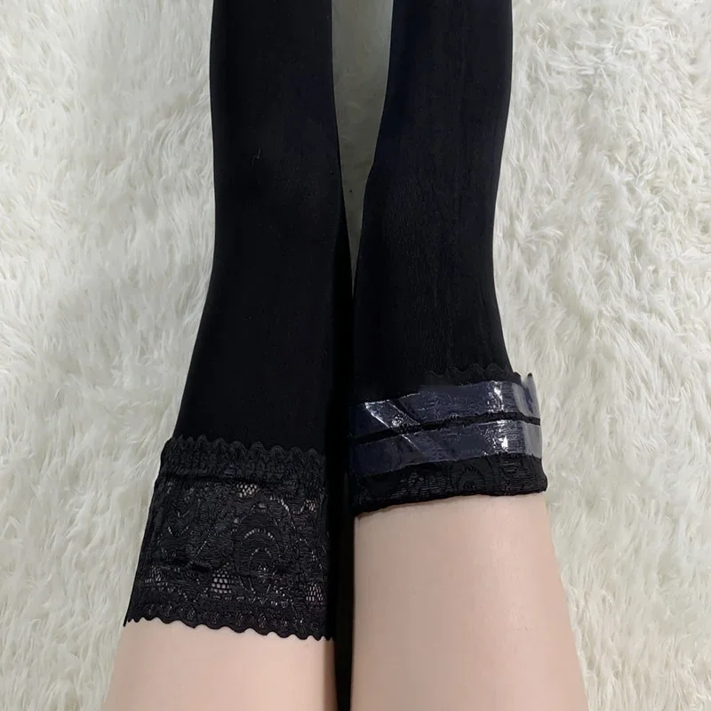 80D Velvet Leg Warmers Women Sexy Lace Top Silicone Hold Up Thigh High Stockings Elastic Nylon Medias De Mujer Lingerie