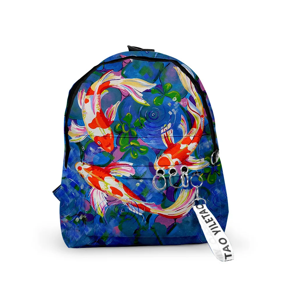 Harajuku Popular Koi carp School Bag Boys Girls Cute Small Travel Bags 3D Print Oxford Waterproof Key Chain Notebook Backpacks