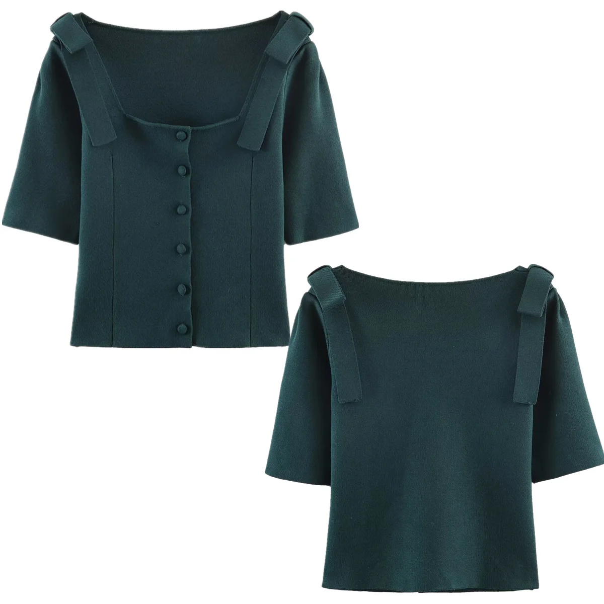 

Jenny&Dave French Fashion ELegant T-shirt Minimalist Dark Green Bow Decoration Square Neck T-shirt Knitted Top T-shirt Woman Clo