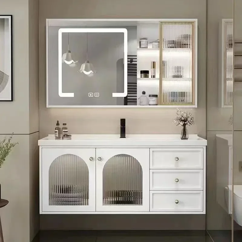 Modern Bathroom Vanity Cabinet With Ceramic Sink White French Storage Unit With Soft-Close Drawers Water-Resistant Wood Base