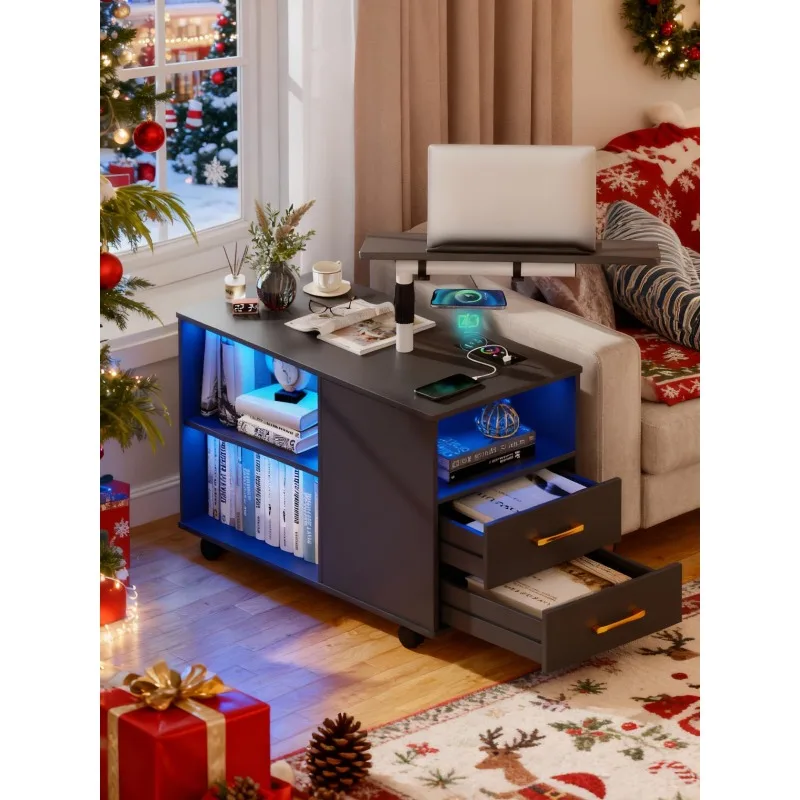 Smart Night Stand with 360° Laptop Tray, RGB Nightstand with Charging Station,Modern Bedside Table with 24-Color Human
