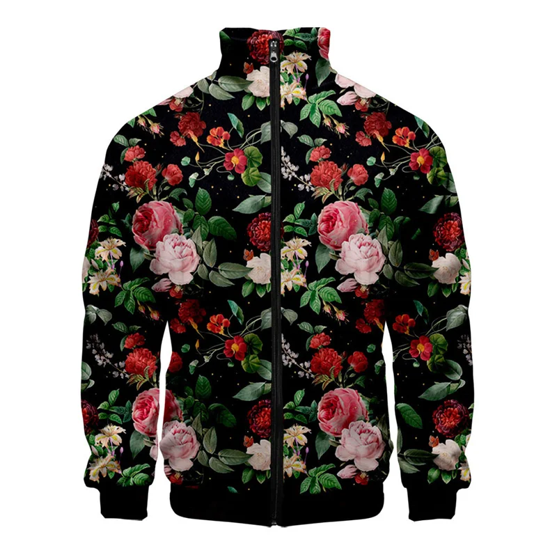 Retro 3d Printed Plants Flower Jacket For Men Outdoor Street Oversized Coat Floral Pattern Zipper Jackets Women Kids Clothes