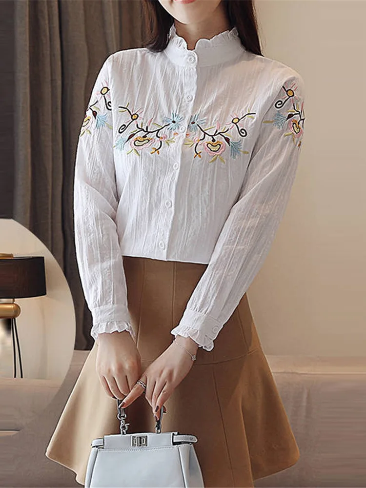 Vintage Floral Embroidered Cotton Button Up Shirt for Women Autumn Korean Elegant Casual Long Sleeve Slim Office Lady Blouse Top